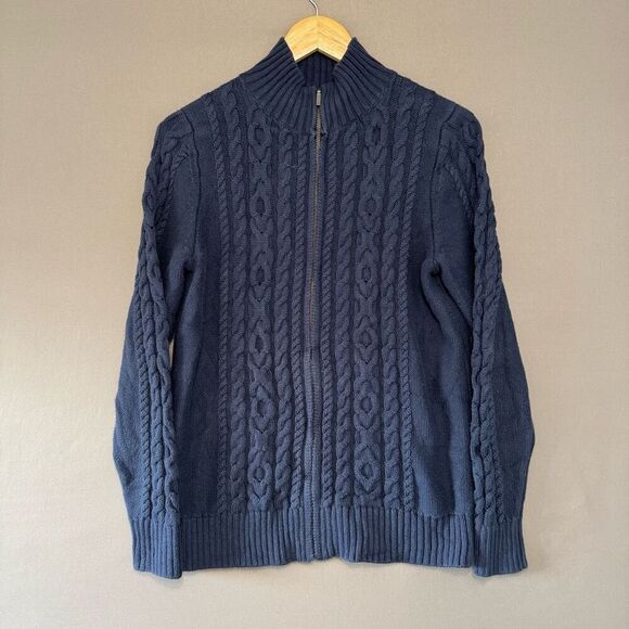 L.L.Bean Women’s Cable Knit Zip Up Sweater Size Medium 100% Cotton Blue Color - Picture 1 of 11